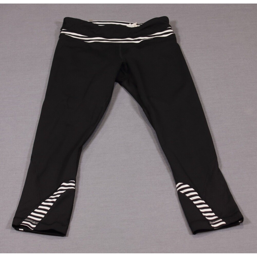 Lululemon Run Inspire Crop II Leggings Black Classic Stripe White Capri Size 4
